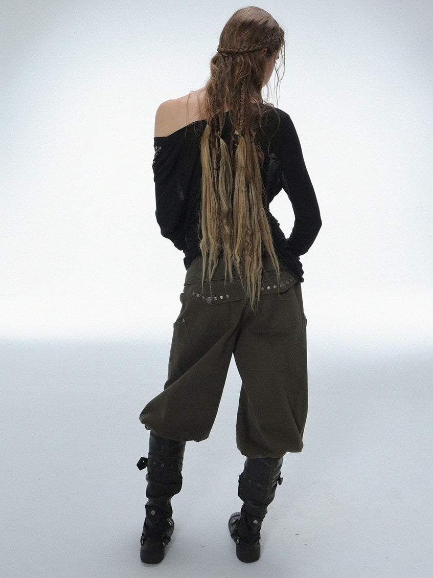 DoublePunch Durable Washed Cotton Low Waist Punk Cargo Wide Fit Women Button Detail Pants