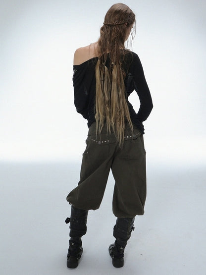 DoublePunch Durable Washed Cotton Low Waist Punk Cargo Wide Fit Women Button Detail Pants