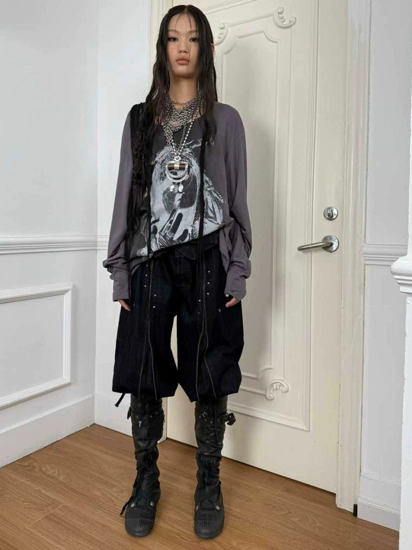 DoublePunch Durable Washed Cotton Low Waist Punk Cargo Wide Fit Women Button Detail Pants