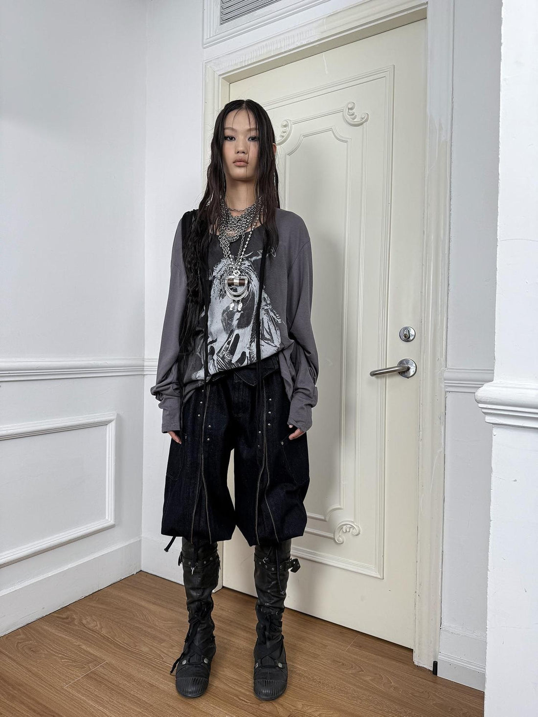 DoublePunch Durable Washed Cotton Low Waist Punk Cargo Wide Fit Women Button Detail Pants