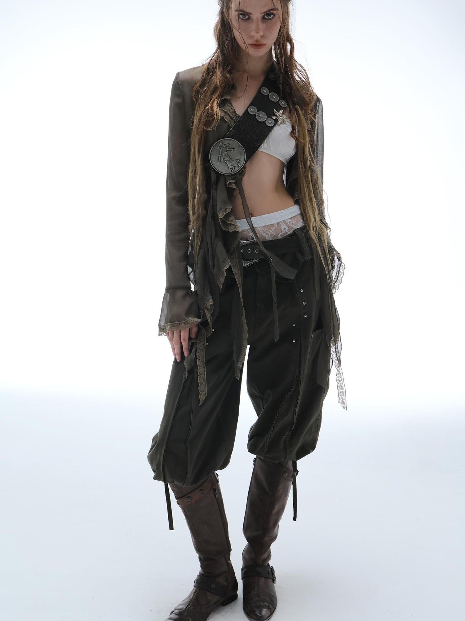 DoublePunch Durable Washed Cotton Low Waist Punk Cargo Wide Fit Women Button Detail Pants