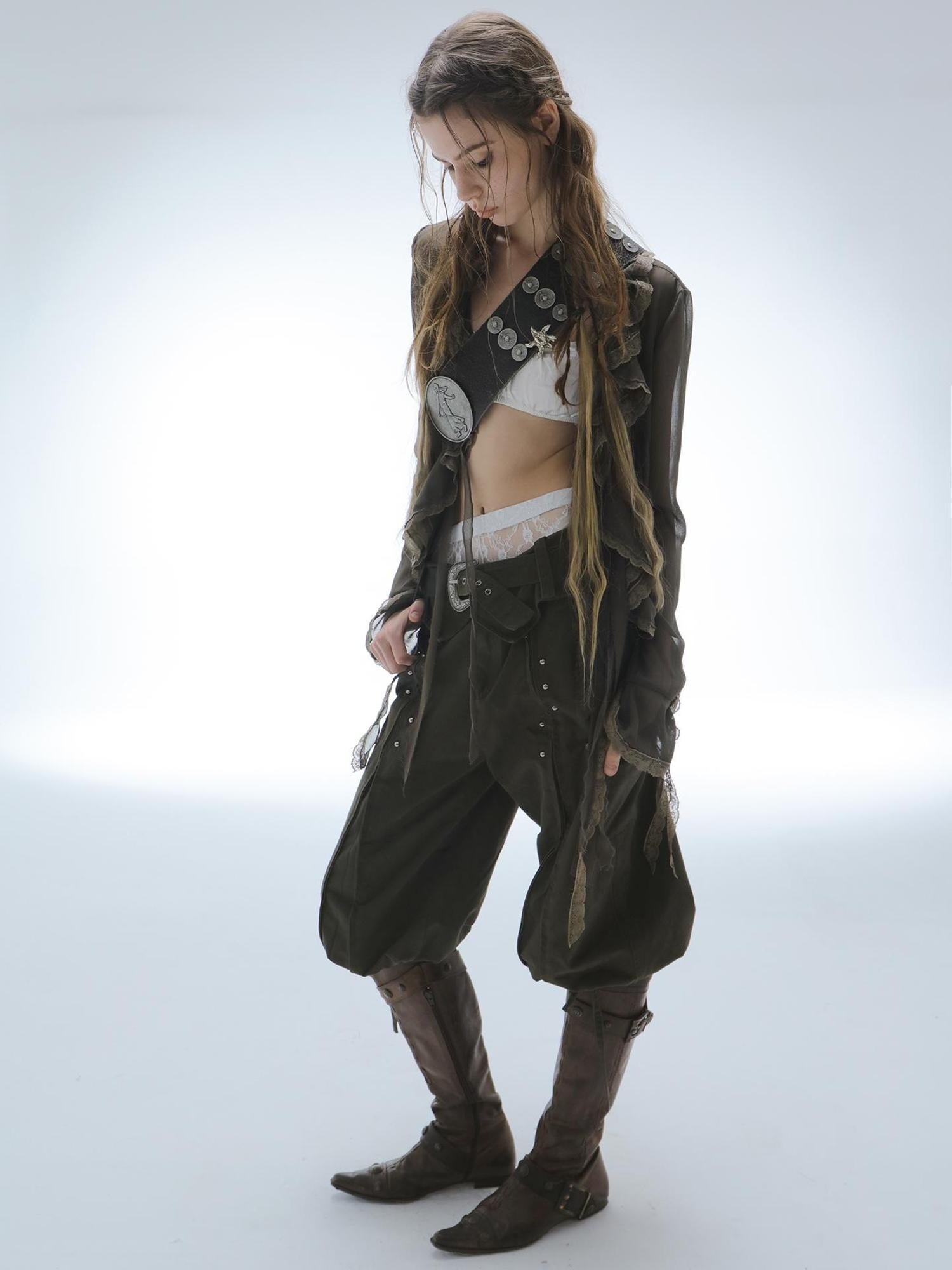 DoublePunch Durable Washed Cotton Low Waist Punk Cargo Wide Fit Women Button Detail Pants