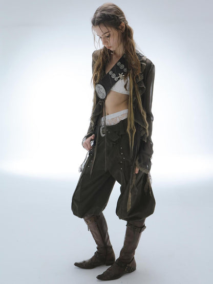 DoublePunch Durable Washed Cotton Low Waist Punk Cargo Wide Fit Women Button Detail Pants