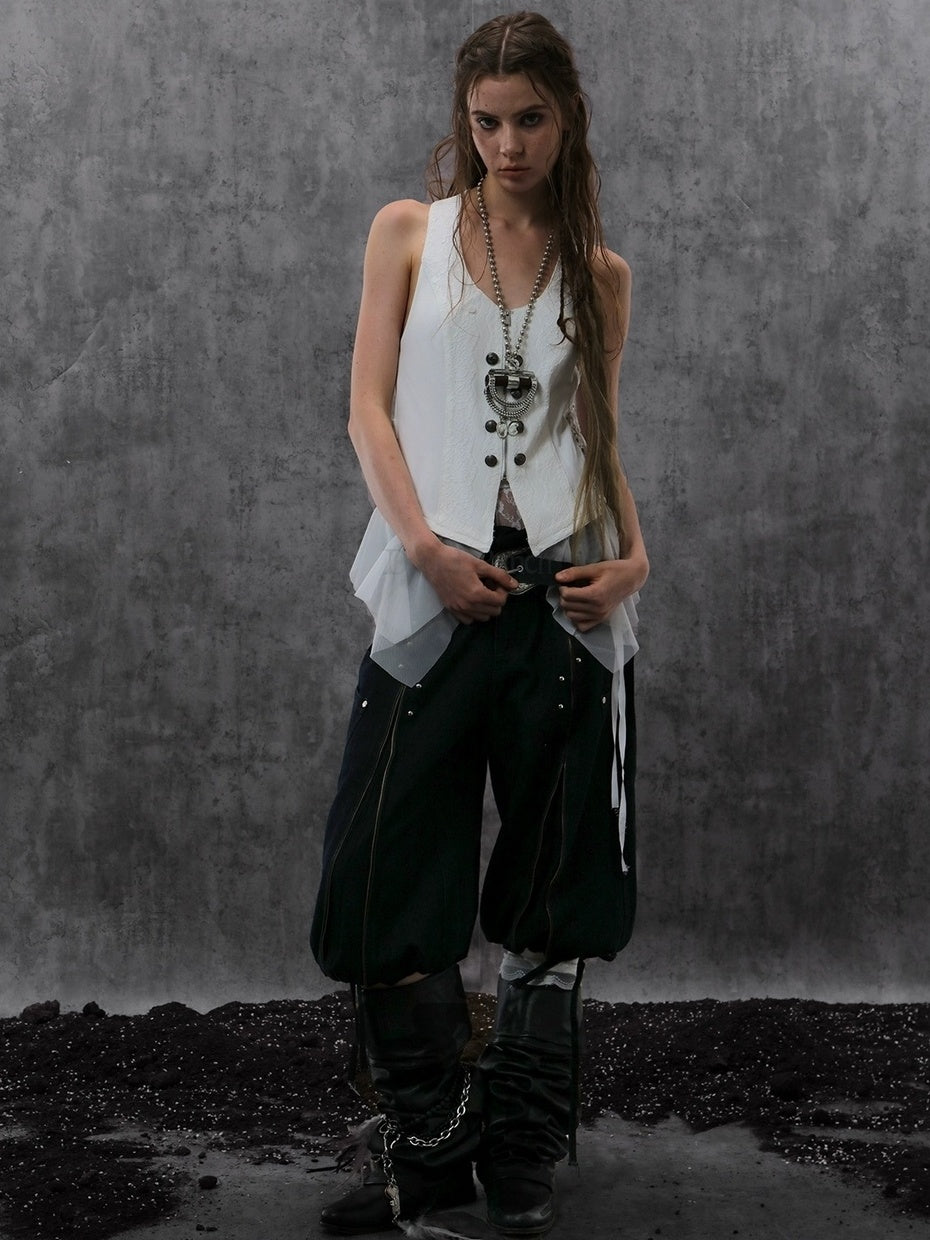 DoublePunch Durable Washed Cotton Low Waist Punk Cargo Wide Fit Women Button Detail Pants