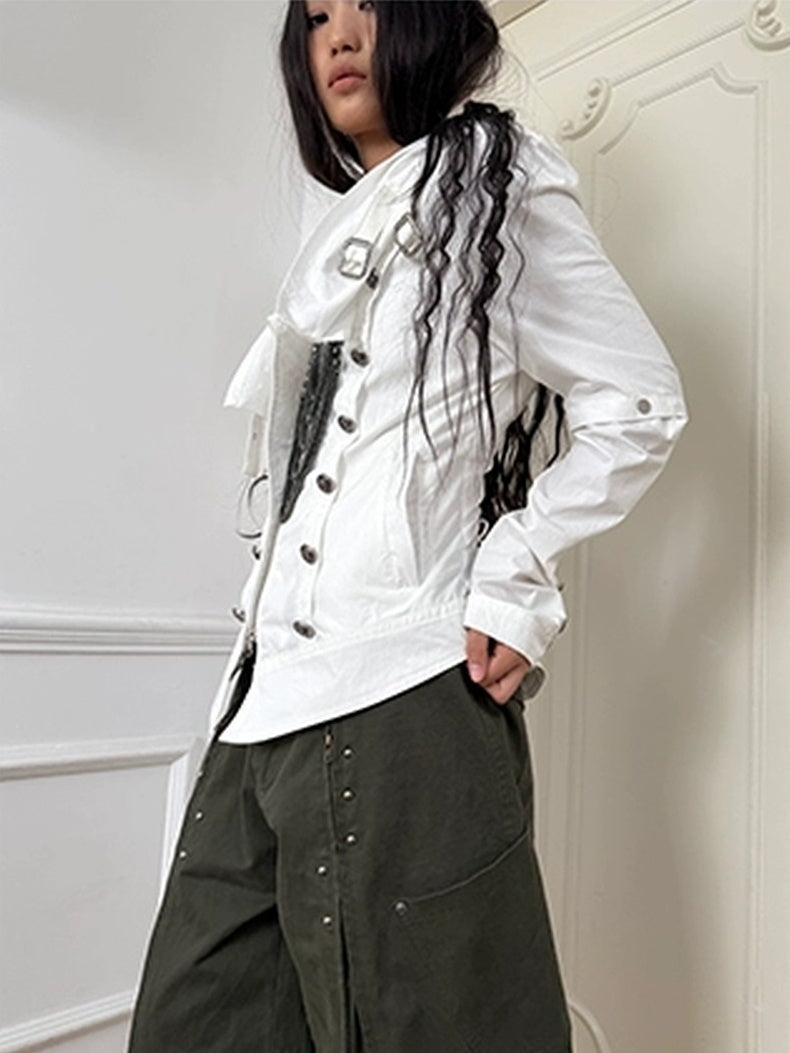 DoublePunch Durable Washed Cotton Low Waist Punk Cargo Wide Fit Women Button Detail Pants