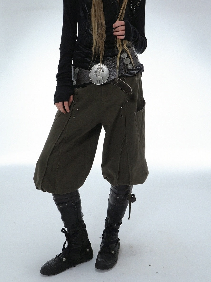 DoublePunch Durable Washed Cotton Low Waist Punk Cargo Wide Fit Women Button Detail Pants