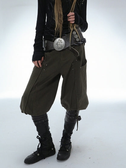 DoublePunch Durable Washed Cotton Low Waist Punk Cargo Wide Fit Women Button Detail Pants