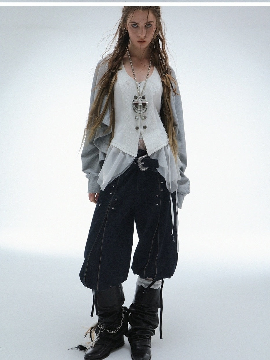 DoublePunch Durable Washed Cotton Low Waist Punk Cargo Wide Fit Women Button Detail Pants