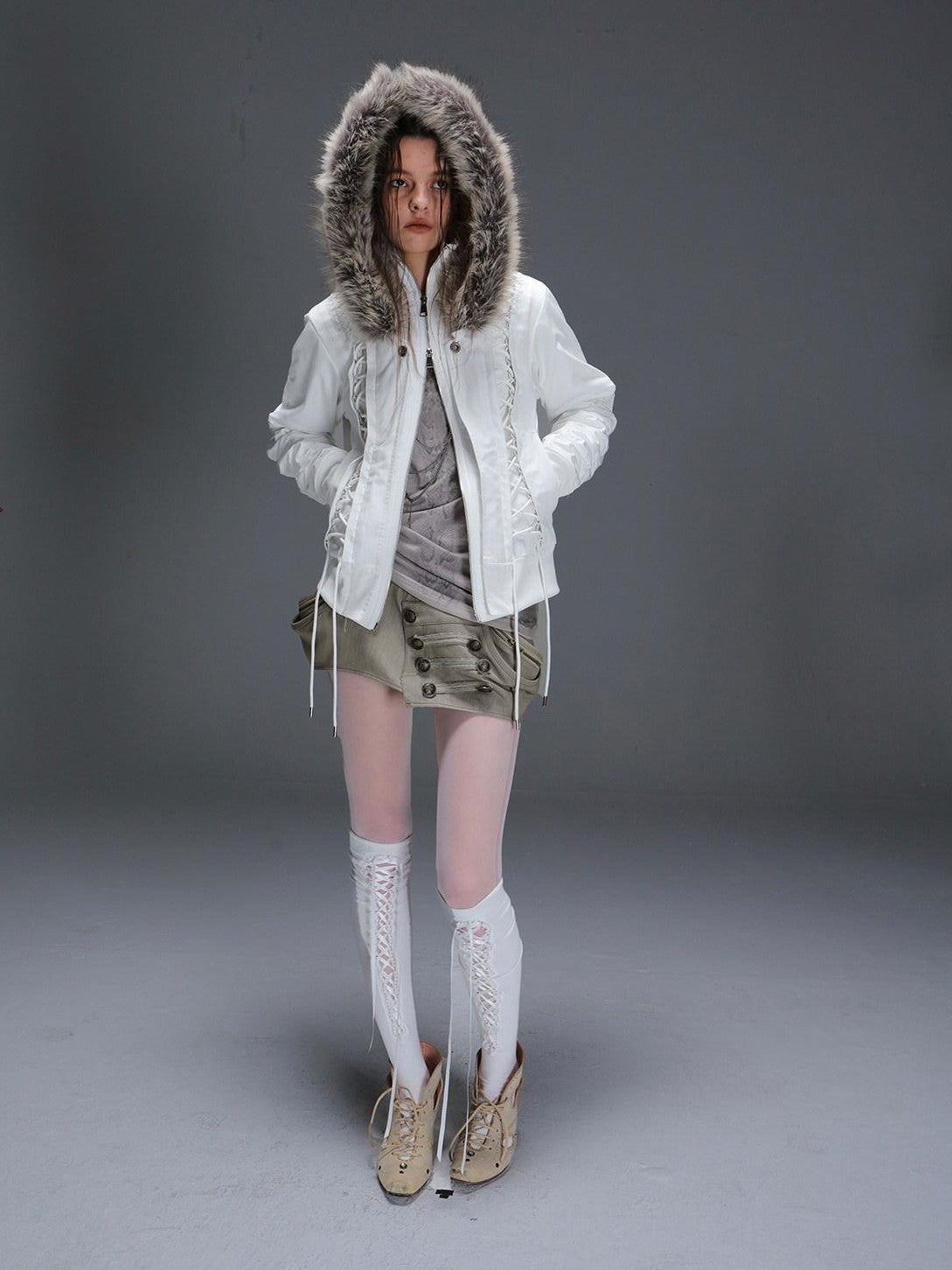 DoublePunch Faux Fur Collar Tie Hooded Women&