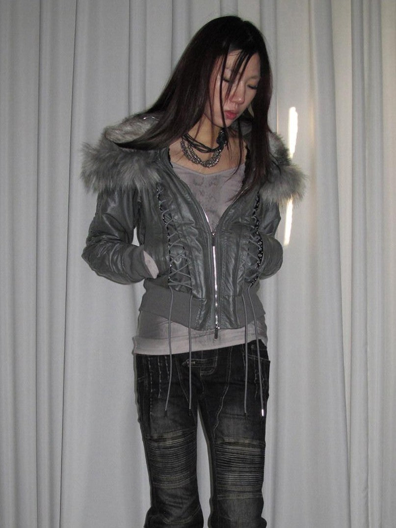 DoublePunch Faux Fur Collar Tie Hooded Women&