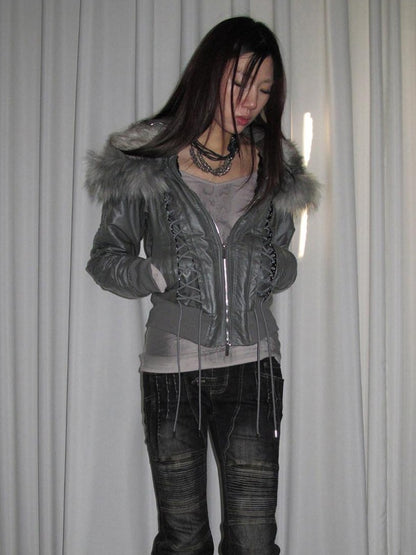 DoublePunch Faux Fur Collar Tie Hooded Women&
