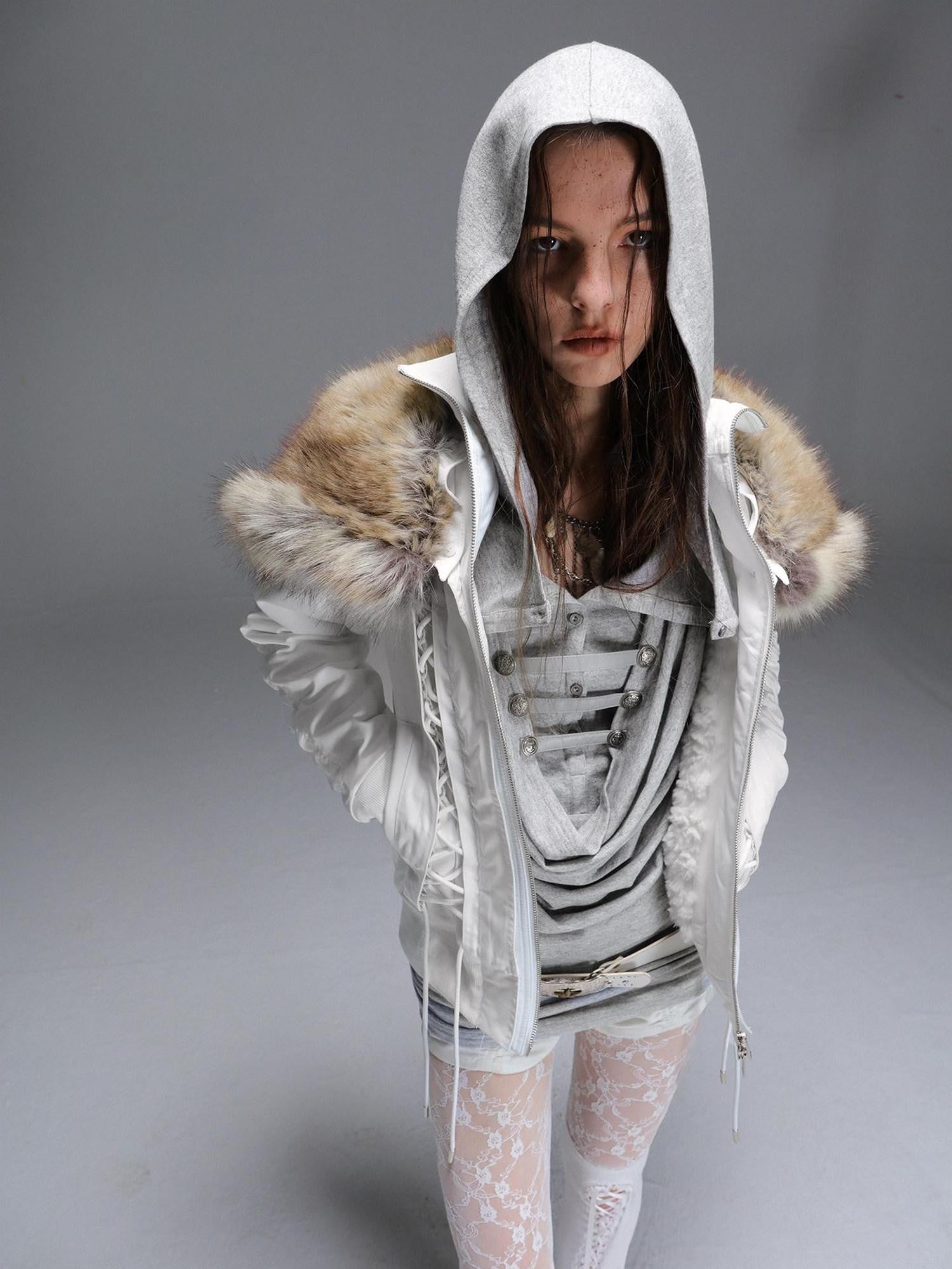 DoublePunch Faux Fur Collar Tie Hooded Women&