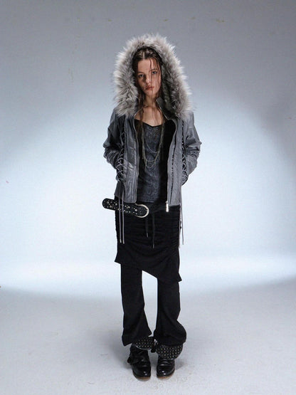 DoublePunch Faux Fur Collar Tie Hooded Women&