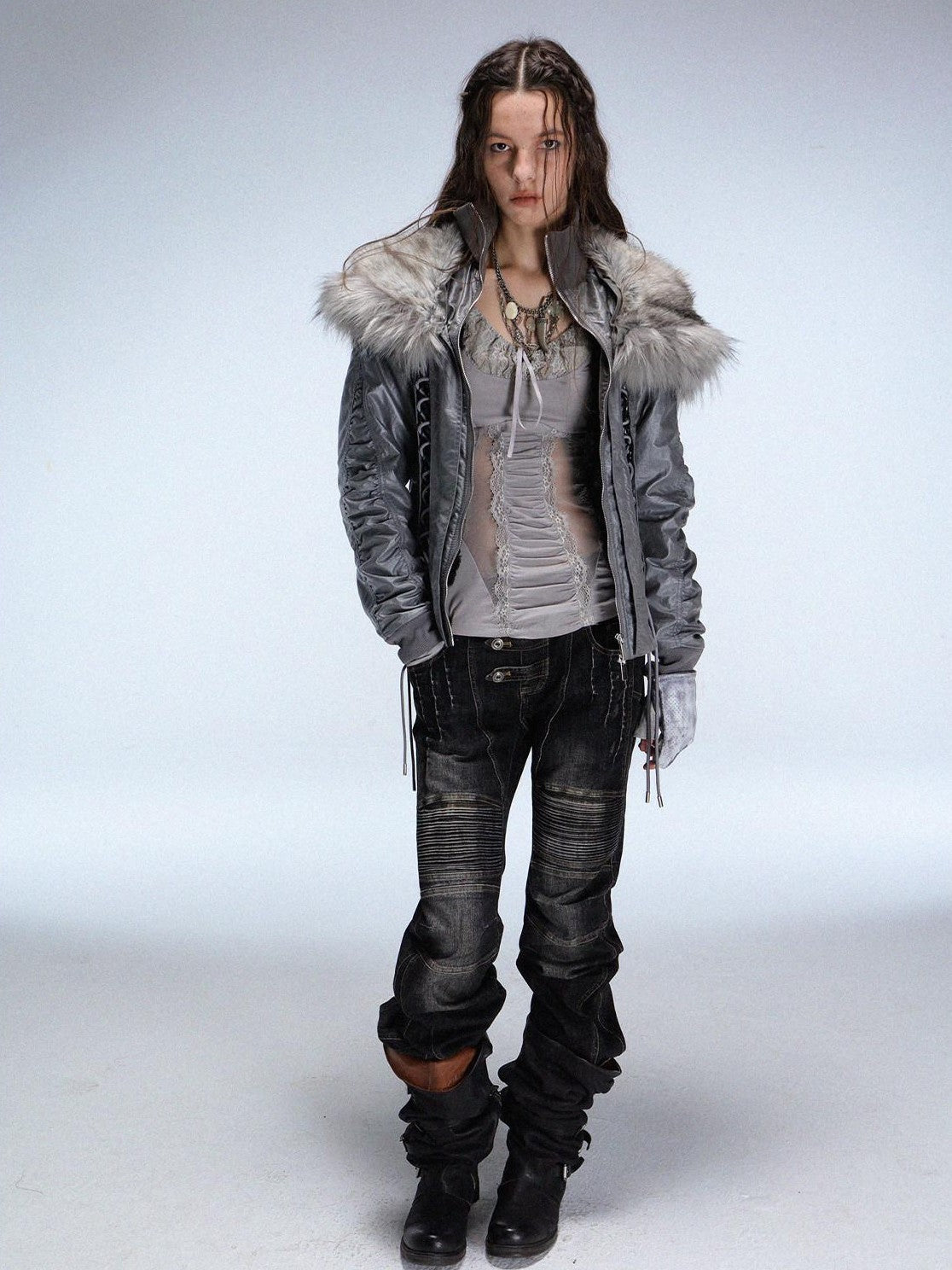 DoublePunch Faux Fur Collar Tie Hooded Women&