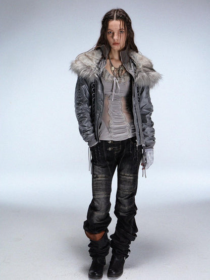DoublePunch Faux Fur Collar Tie Hooded Women&