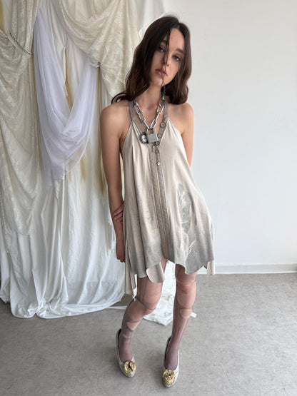 DoublePunch Faux Suede Printed Open Back Asymmetric Women&