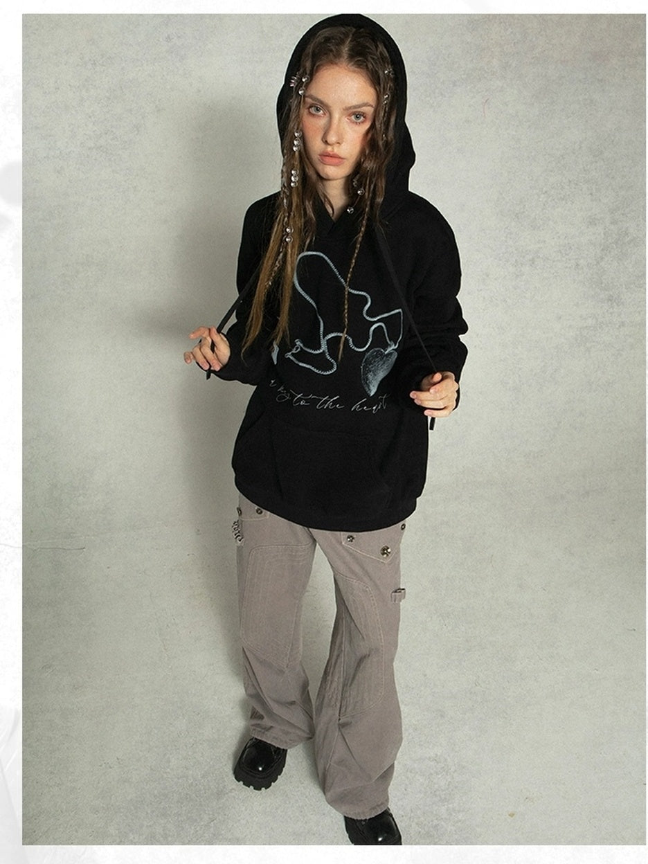 DoublePunch Fleece Lined Loose Street Letter Print Kangaroo Pocket Unisex Hoodies