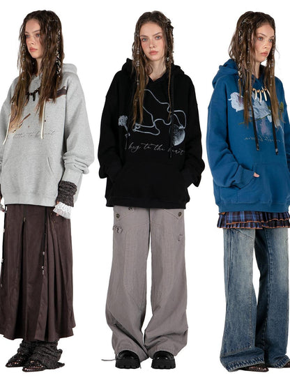 DoublePunch Fleece Lined Loose Street Letter Print Kangaroo Pocket Unisex Hoodies