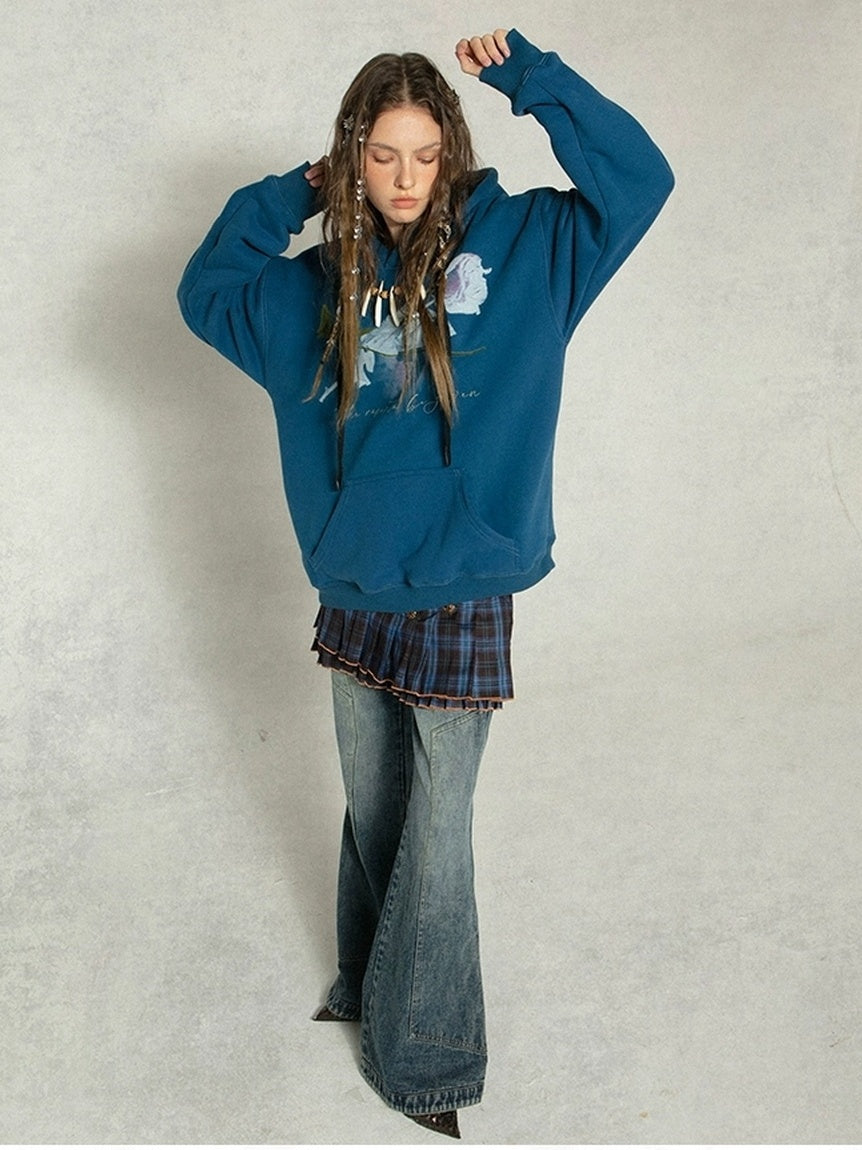 DoublePunch Fleece Lined Loose Street Letter Print Kangaroo Pocket Unisex Hoodies