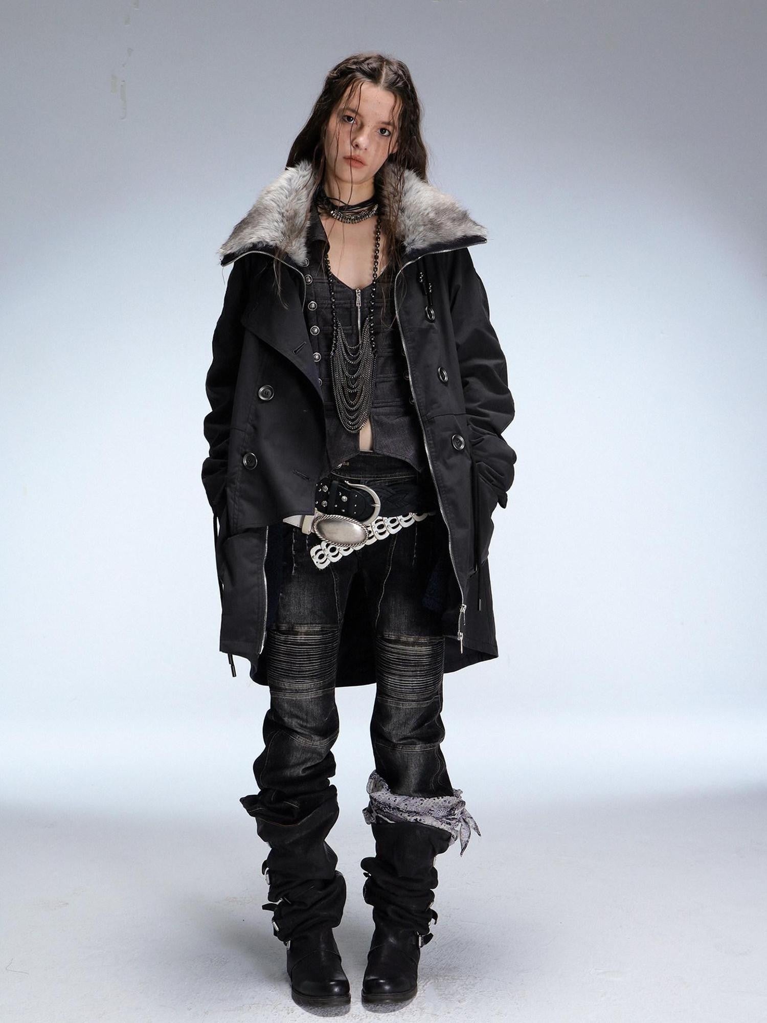 DoublePunch Fur Collar Double Breasted Fleece Lined Oversized Women&