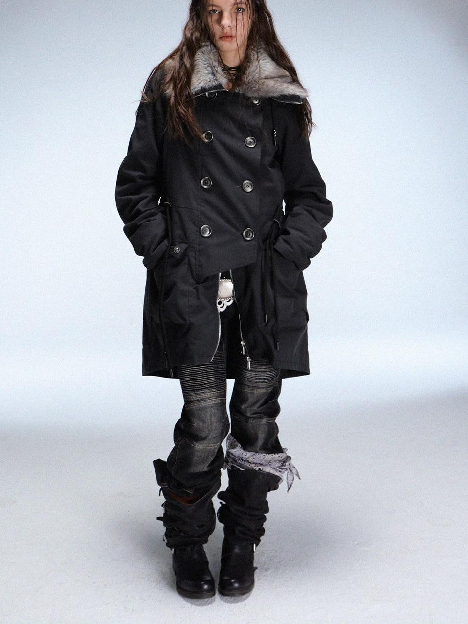 DoublePunch Fur Collar Double Breasted Fleece Lined Oversized Women&