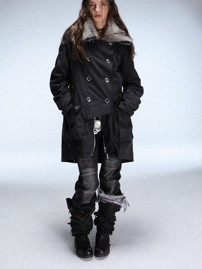 DoublePunch Fur Collar Double Breasted Fleece Lined Oversized Women&