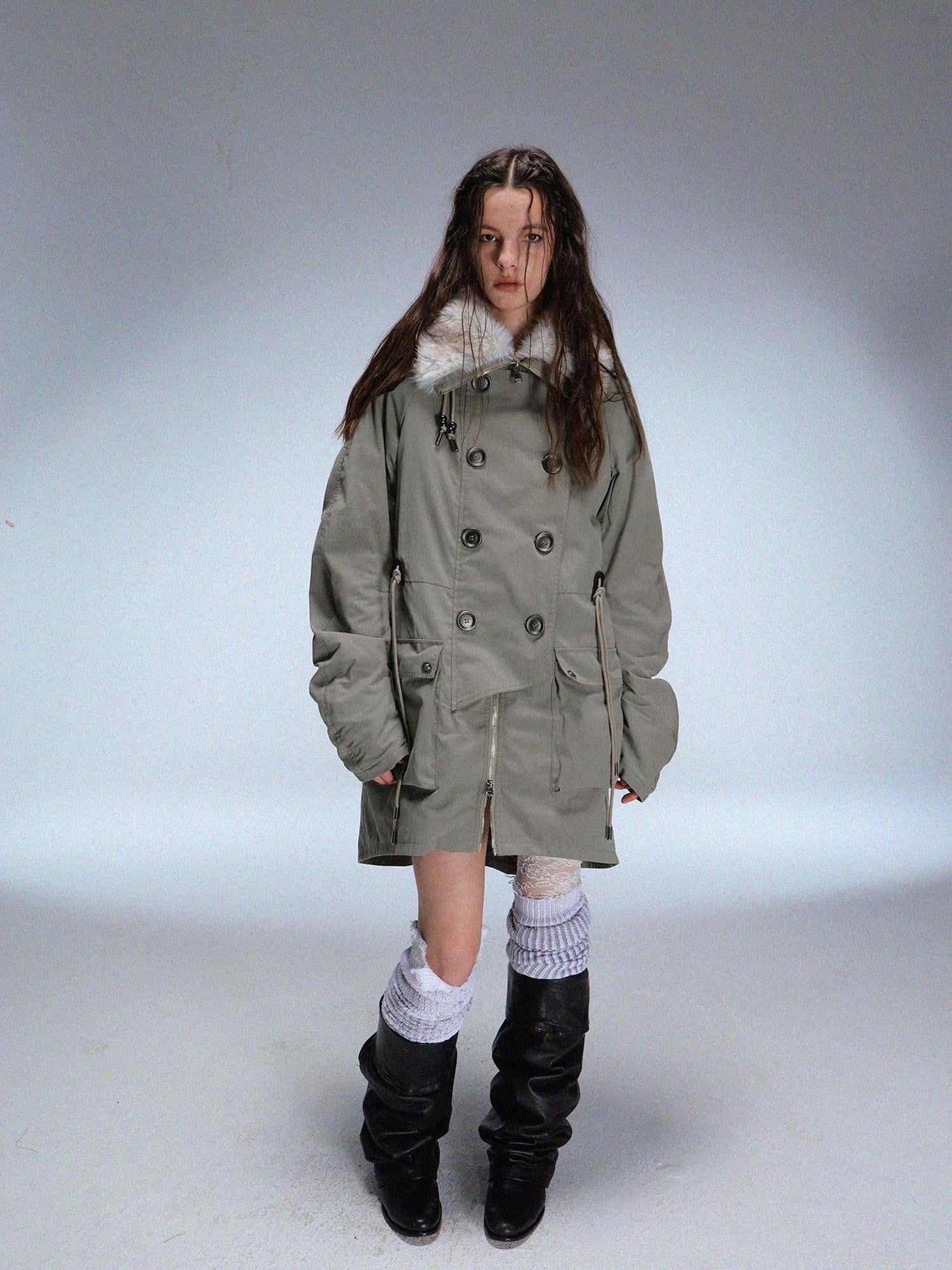 DoublePunch Fur Collar Double Breasted Fleece Lined Oversized Women&
