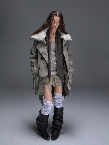 DoublePunch Fur Collar Double Breasted Fleece Lined Oversized Women&