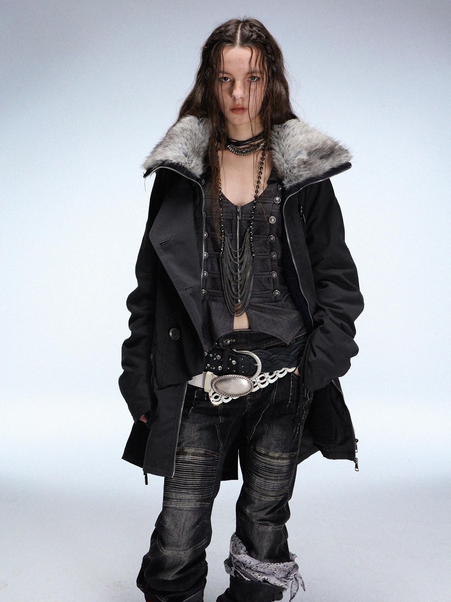 DoublePunch Fur Collar Double Breasted Fleece Lined Oversized Women&