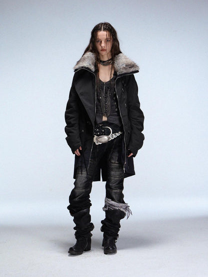 DoublePunch Fur Collar Double Breasted Fleece Lined Oversized Women&