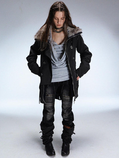 DoublePunch Fur Collar Double Breasted Fleece Lined Oversized Women&
