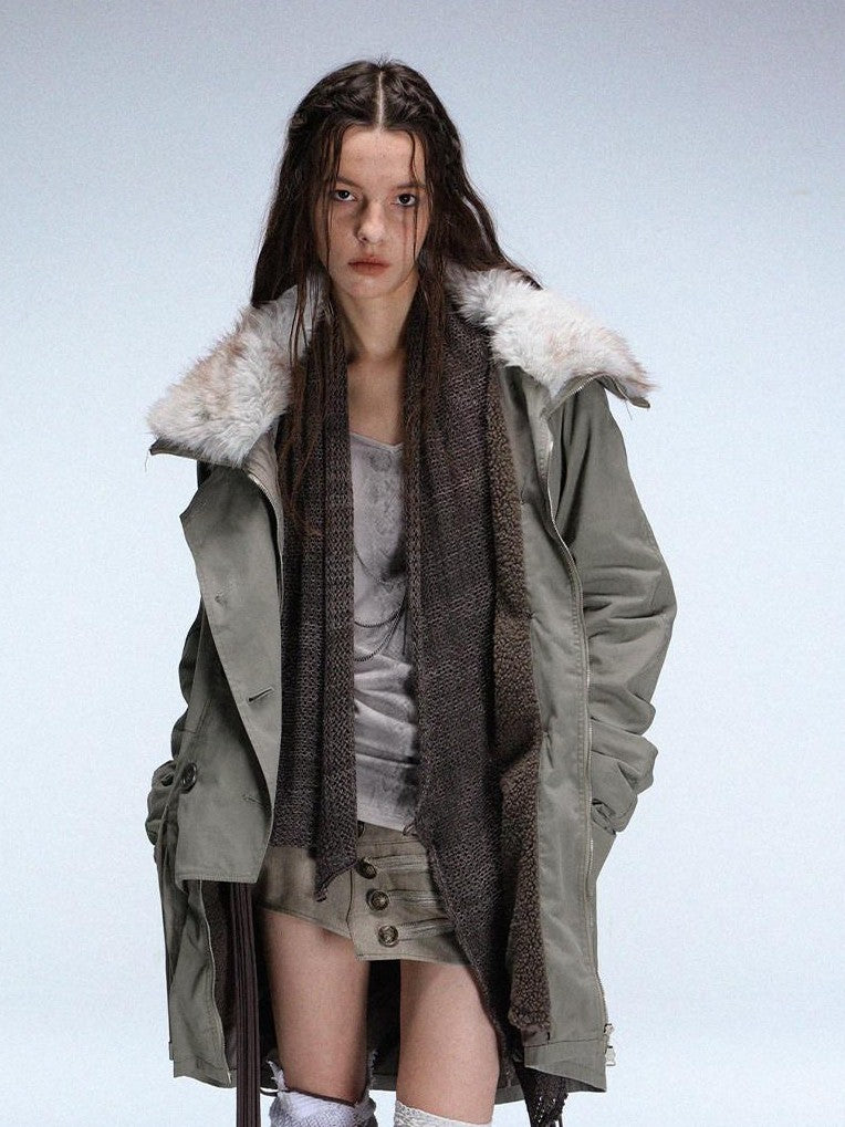 DoublePunch Fur Collar Double Breasted Fleece Lined Oversized Women&