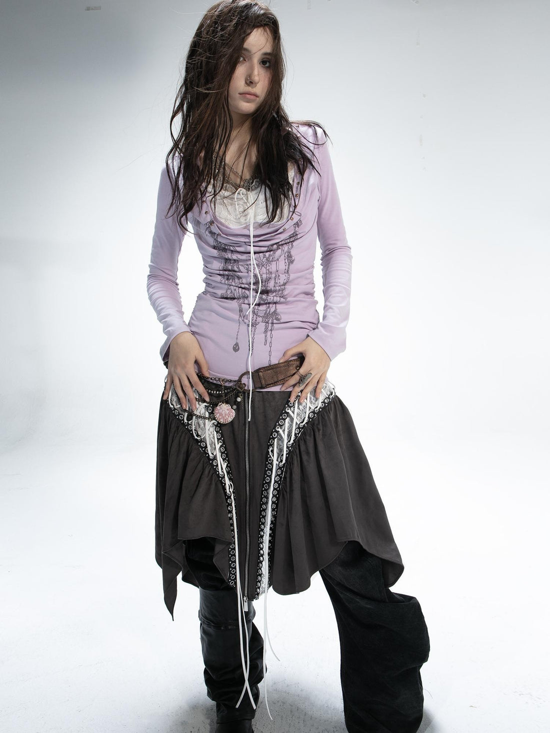 DoublePunch Hand Painted Punk Lace Drawstring Slim Long Sleeve Women Cotton Blend T-Shirt