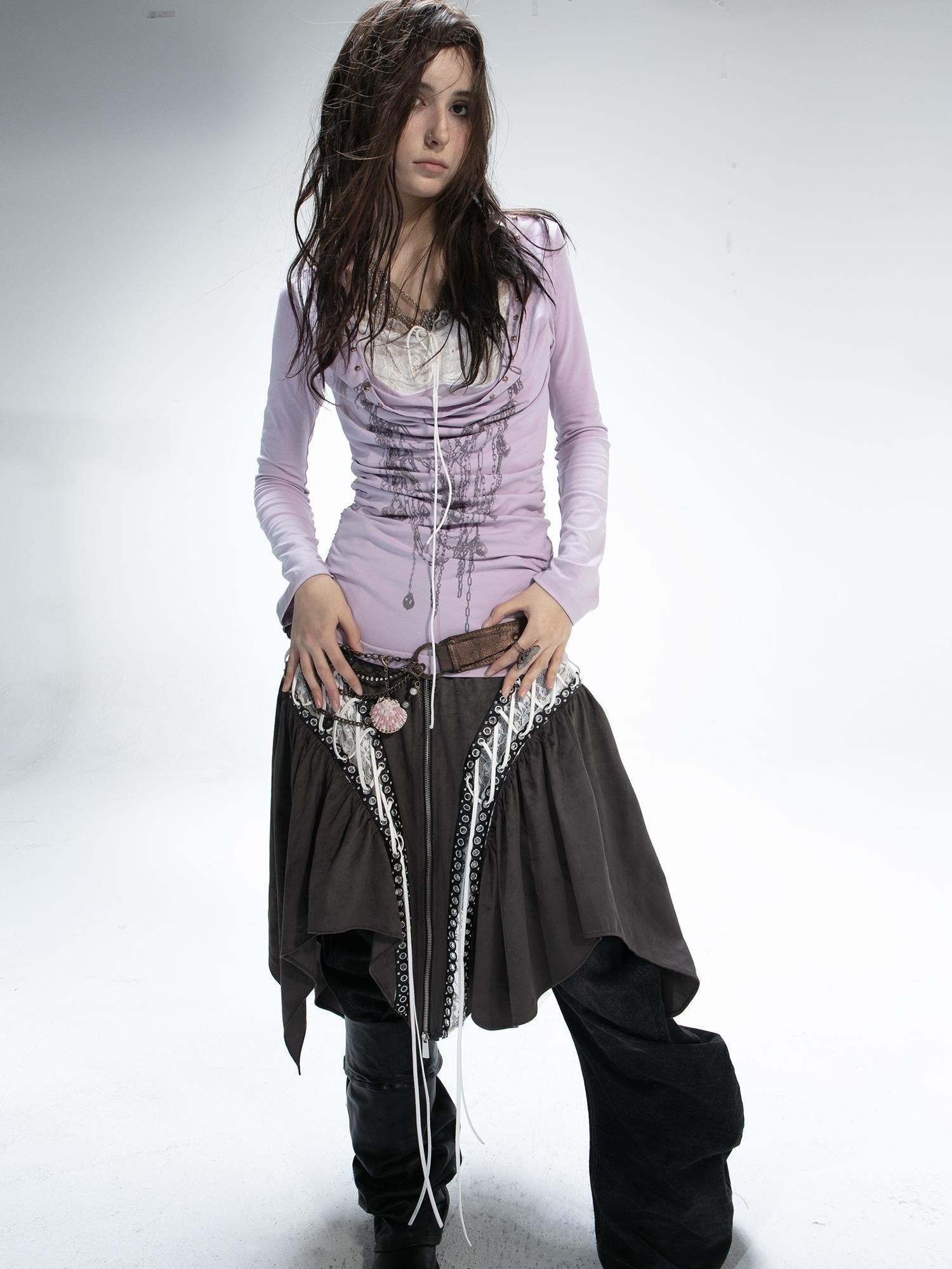 DoublePunch Hand Painted Punk Lace Drawstring Slim Long Sleeve Women Cotton Blend T-Shirt