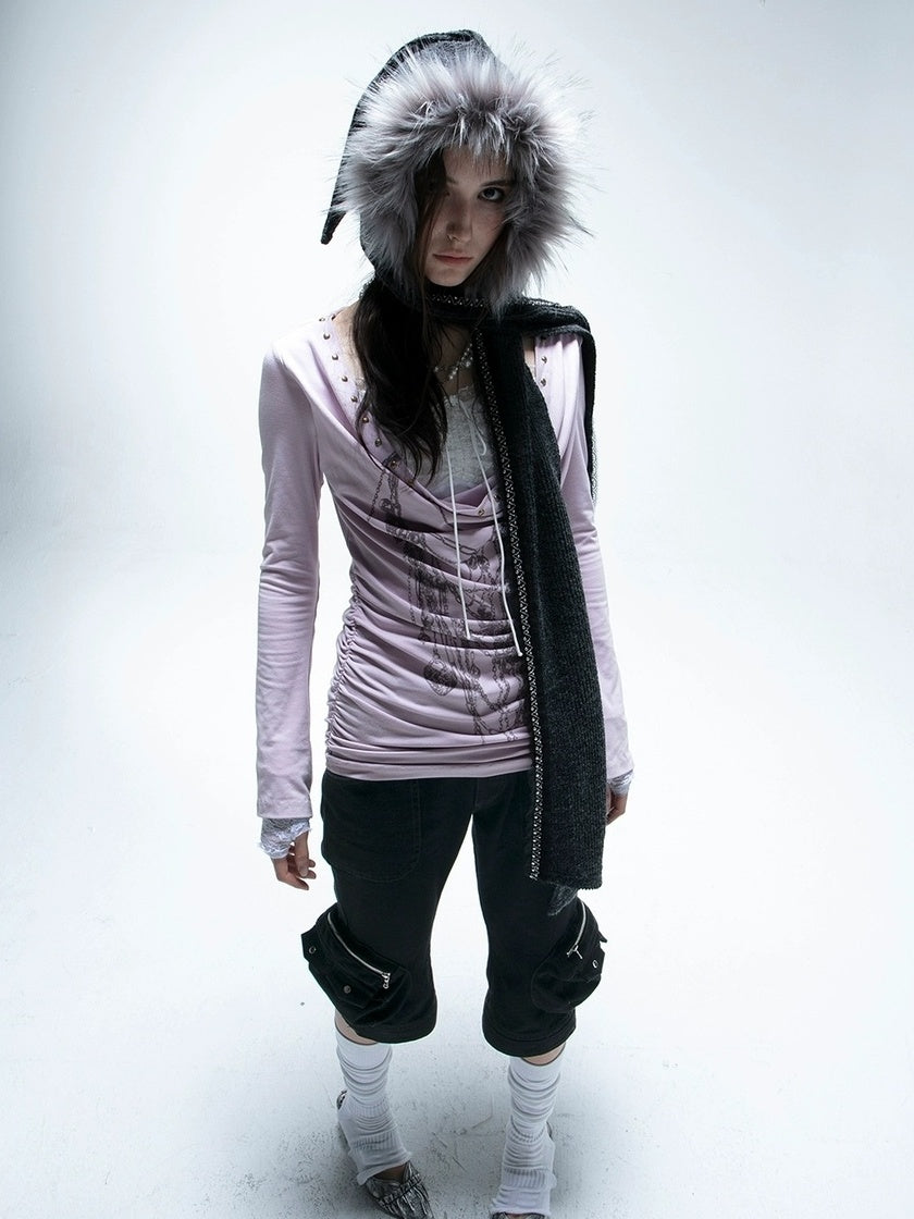 DoublePunch Hand Painted Punk Lace Drawstring Slim Long Sleeve Women Cotton Blend T-Shirt