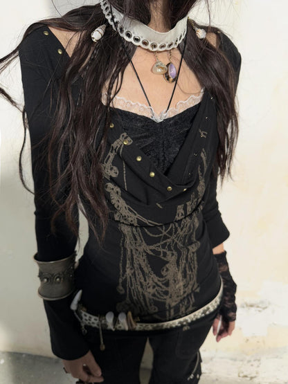 DoublePunch Hand Painted Punk Lace Drawstring Slim Long Sleeve Women Cotton Blend T-Shirt