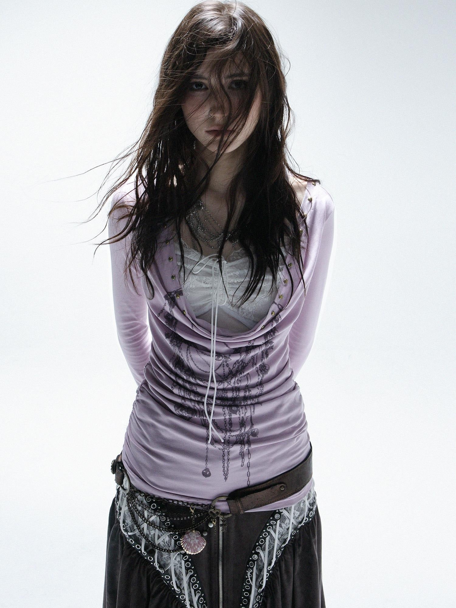 DoublePunch Hand Painted Punk Lace Drawstring Slim Long Sleeve Women Cotton Blend T-Shirt