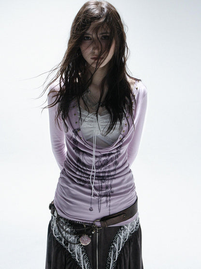 DoublePunch Hand Painted Punk Lace Drawstring Slim Long Sleeve Women Cotton Blend T-Shirt