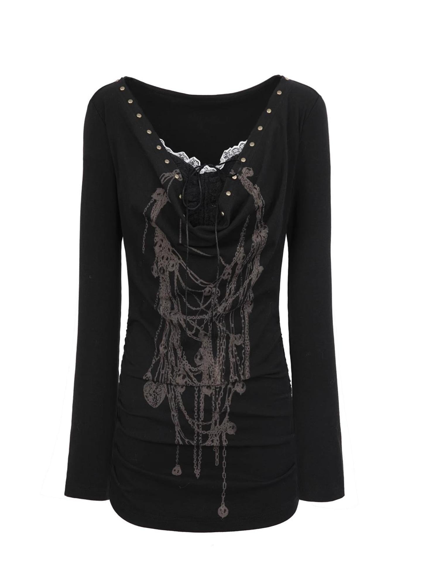 DoublePunch Hand Painted Punk Lace Drawstring Slim Long Sleeve Women Cotton Blend T-Shirt