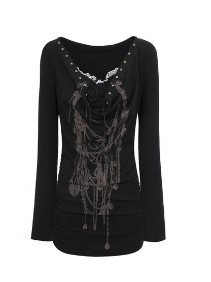 DoublePunch Hand Painted Punk Lace Drawstring Slim Long Sleeve Women Cotton Blend T-Shirt