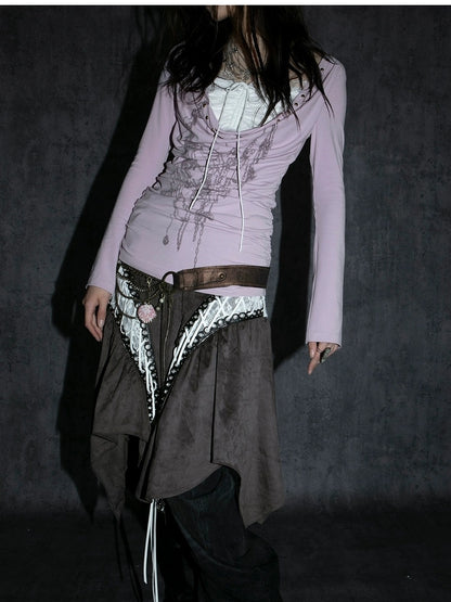 DoublePunch Hand Painted Punk Lace Drawstring Slim Long Sleeve Women Cotton Blend T-Shirt