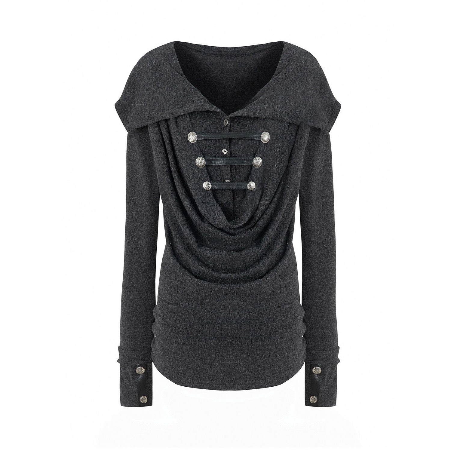 DoublePunch_Heather_Gray_Metal_Buckle_Hooded_Drape_Collar_Women&