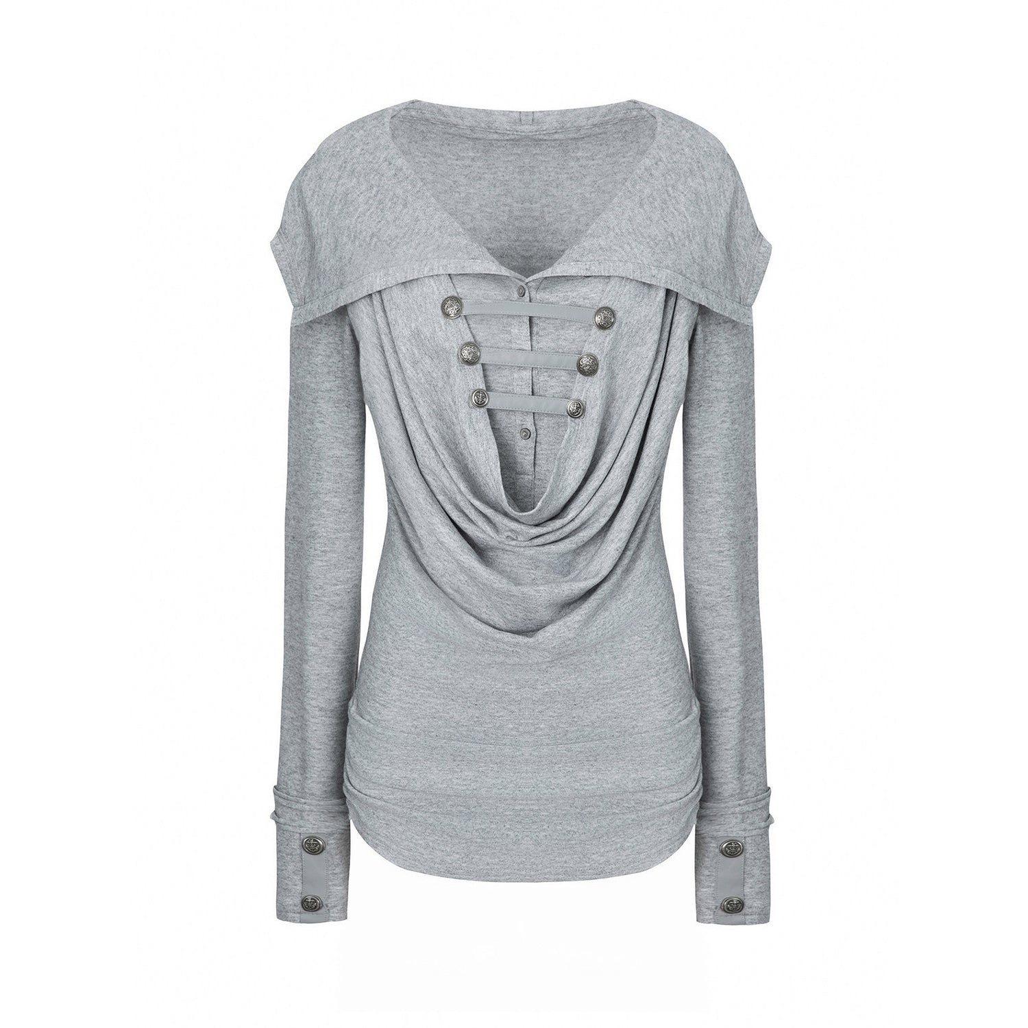 DoublePunch_Heather_Gray_Metal_Buckle_Hooded_Drape_Collar_Women&