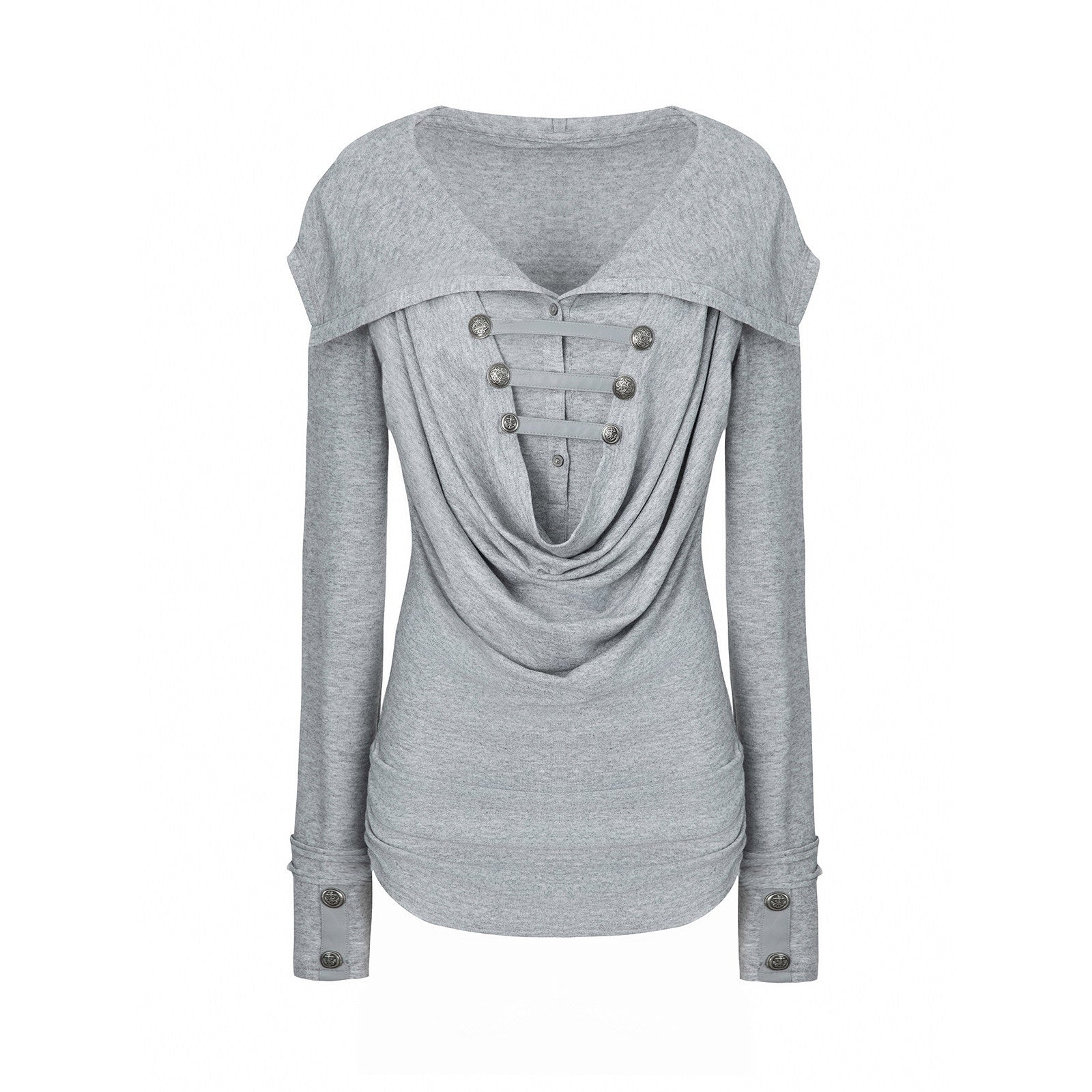 DoublePunch_Heather_Gray_Metal_Buckle_Hooded_Drape_Collar_Women&