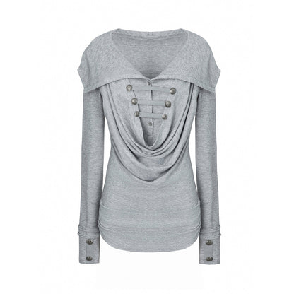 DoublePunch_Heather_Gray_Metal_Buckle_Hooded_Drape_Collar_Women&