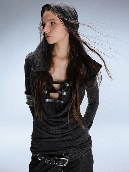 DoublePunch Heather Gray Metal Buckle Hooded Drape Collar Women&