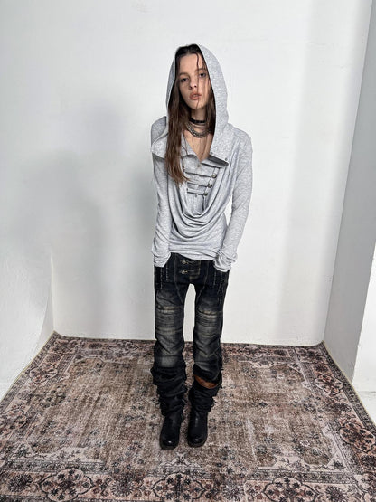 DoublePunch Heather Gray Metal Buckle Hooded Drape Collar Women&
