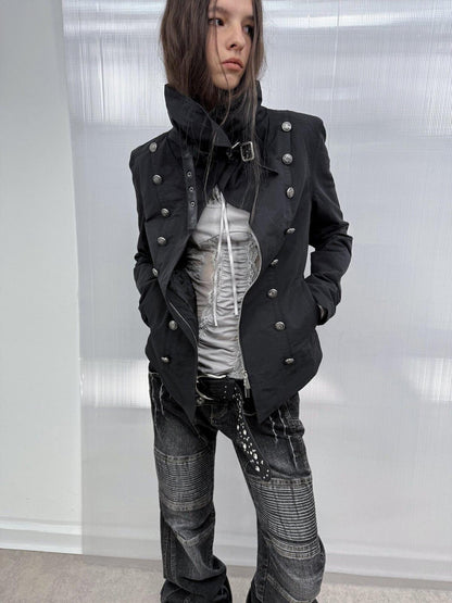 DoublePunch High Collar Metal Buckle Vintage Windproof Padded Women&