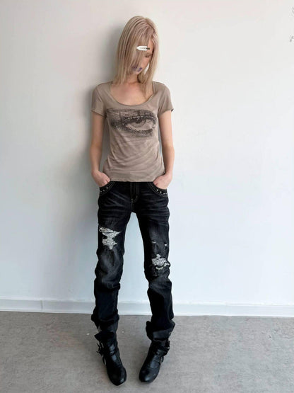 DoublePunch Illusion Print Low Round Neck Women&