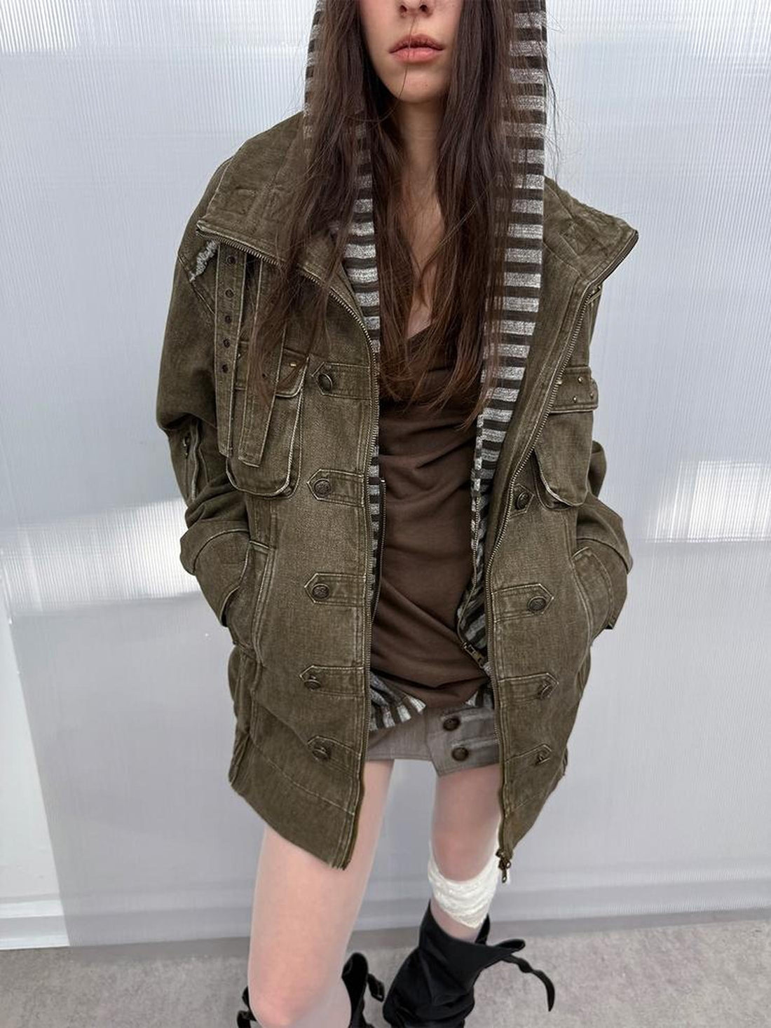 DoublePunch Insulated Utility Loose Fit Drop Shoulder Cotton Mid Length Women Jacket